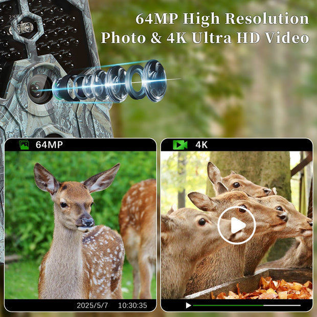 Blazevideo A106W 4K WIFI 64MP  Wildkamera mit 100ft Nachtsicht, bewegungsaktiviert, 0,1 s Auslösegeschwindigkeit, kein Leuchten, wasserdicht, für Wildbeobachtung und Sicherheit im Garten