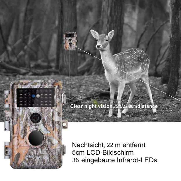 Fotofalle 32MP 2304*1296p mit Bewegungsmelder Nachtsicht Max. Entfernung bis 75Füße, 0,3s Schnelle Trigger Geschwindigkeit , IP66 Wasserdichter| A252