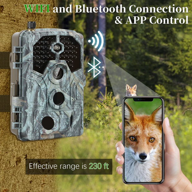 Blazevideo A106W 4K WIFI 64MP  Wildkamera mit 100ft Nachtsicht, bewegungsaktiviert, 0,1 s Auslösegeschwindigkeit, kein Leuchten, wasserdicht, für Wildbeobachtung und Sicherheit im Garten