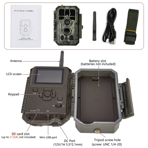 Wildkamera Wlan Fotofalle Jagdkamera Wildtierkamera 64MP 1296P 0,1s Schnelle Trigger Geschwindigkeit Nachtsicht Bewegungsmelder 120°PIR IP66 Wasserdichter | A280W Grün