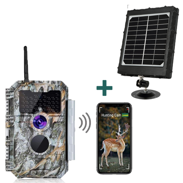 Bundle Wildkamera Wildtierkamer Jagdkamera Wlan 32MP 1296P 0,1s Auslöserzeit Nachtsicht Bewegungsmelder 110°PIR und Solarpanel-Kits 8000mAh 12V/9V/6V | W600