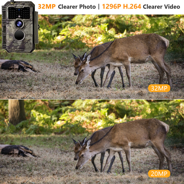 Bundle Wildkamera Wildtierkamera Jagdkamera Wlan 32MP 1296P 0,1s Auslöserzeit Bewegungsmelder 110°PIR und Solarpanel-Kits 8000mAh 12V/9V/6V| W600 Braun