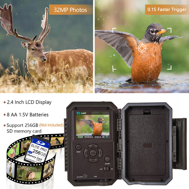 Bundle Wildkamera Wildtierkamera Jagdkamera Wlan 32MP 1296P 0,1s Auslöserzeit Bewegungsmelder 110°PIR und Solarpanel-Kits 8000mAh 12V/9V/6V| W600 Rot