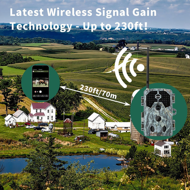 Blazevideo A106W 4K WIFI 64MP  Wildkamera mit 100ft Nachtsicht, bewegungsaktiviert, 0,1 s Auslösegeschwindigkeit, kein Leuchten, wasserdicht, für Wildbeobachtung und Sicherheit im Garten