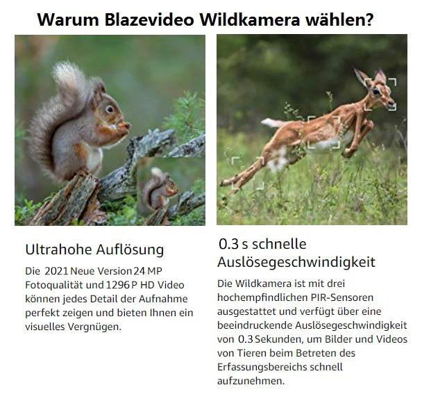 4-tlg. Fotofalle 24MP 1296p mit Bewegungsmelder Nachtsicht Max. Entfernung bis 75Füße, 0,3s Schnelle Trigger Geschwindigkeit , IP66 Wasserdichter| A252