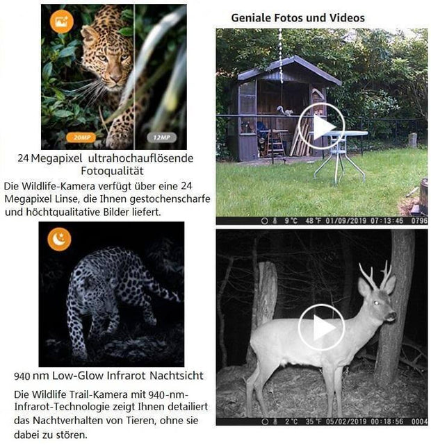 2 tlg. Wildkamera 24MP 1296p mit Bewegungsmelder Nachtsicht Maximale Entfernung bis 75Füße, 0,3s Trigger Geschwindigkeit , IP66 Wasserdichter| A252