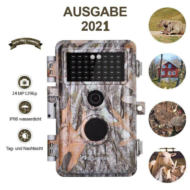 4-tlg. Fotofalle 24MP 1296p mit Bewegungsmelder Nachtsicht Max. Entfernung bis 75Füße, 0,3s Schnelle Trigger Geschwindigkeit , IP66 Wasserdichter| A252