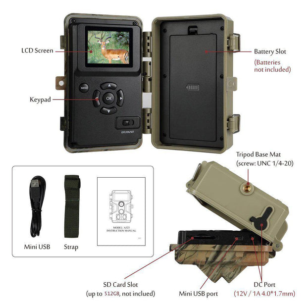 Bundle Wildkamera Wildtierkamera Jagdkamera 32MP 2304*1296p + Solarpanel-Kits 3W 8000mAh 12V/9V/6V Maximale Entfernung bis 90 Füße, 0,5s Auslöserzeit | A262