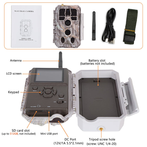Bundle Wildkamera Wildtierkamera Jagdkamera Wlan 32MP 1296P 0,1s Auslöserzeit Bewegungsmelder 120°PIR und Solarpanel-Kits 8000mAh 12V/9V/6V | A280W Braun