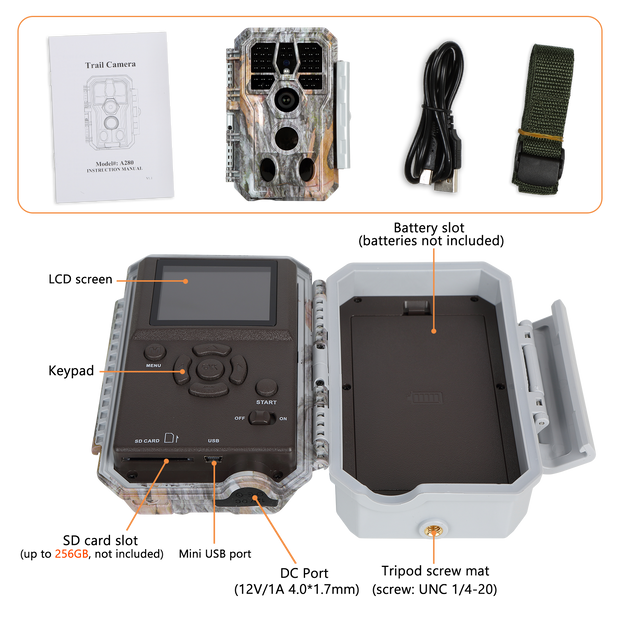 5-tlg. Wildkamera 24MP 1296p mit Audio und Bewegungsmelder Nachtsicht Max. Entfernung bis 100 Füße, 0,1s Trigger Geschwindigkeit , IP66| A280