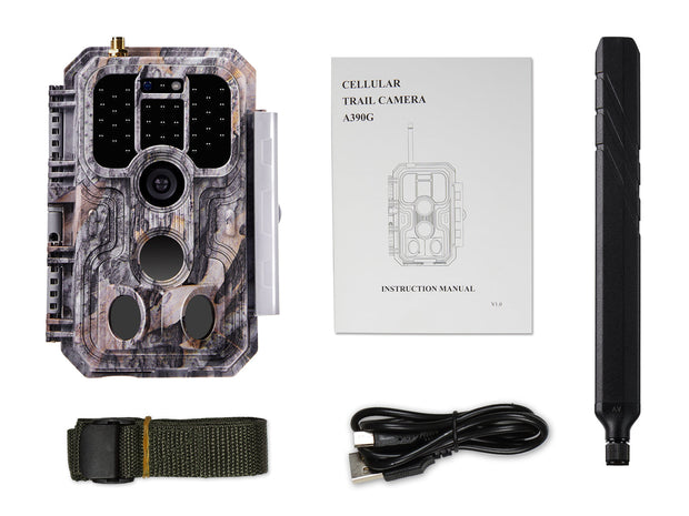 Bundle 4G LTE Wildkamera Wildtierkamera Jagdkamera 32MP mit SIM-Karte und 32GB Speicherkarte und Solarpanel-Kits A390G