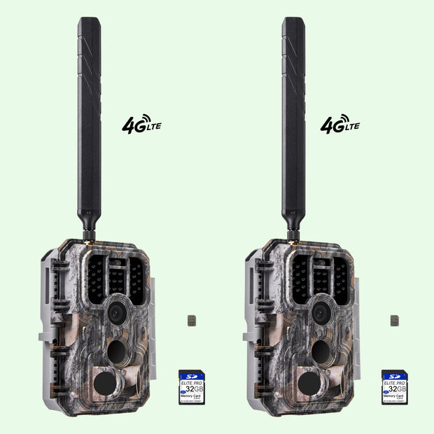 2-tlg. 4G LTE Wildkamera Fotofalle Wildtierkamera mit SIM-Karte 120° Bewegungserkennung 32MP 1296P Nachtsicht IP66 wasserdicht und 32GB SD Karte A390G Grey