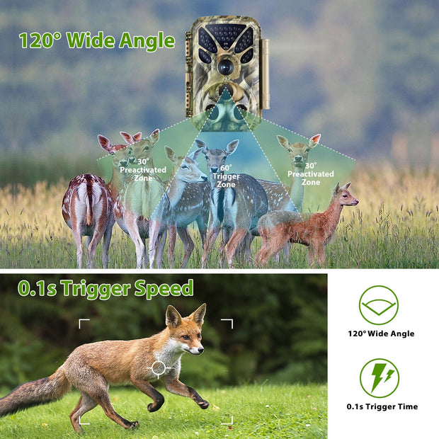 2-tlg. Wildkamera 32MP Foto 4K 2160P Full HD Video mit Audio und Bewegungsmelder Nachtsicht max. Entfernung bis zu 100ft, 0,1s Auslösegeschwindigkeit, Wasserdicht IP66 | T326 Grün