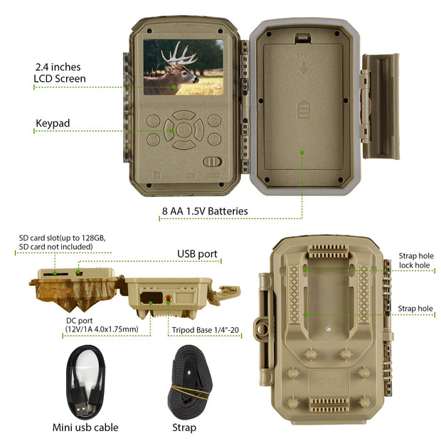 Wildkamera 32MP Foto 4K 2160P Full HD Video mit Audio und Bewegungsmelder Nachtsicht max. Entfernung bis zu 100ft, 0,1s Auslösegeschwindigkeit, Wasserdicht IP66 | T326 Grün