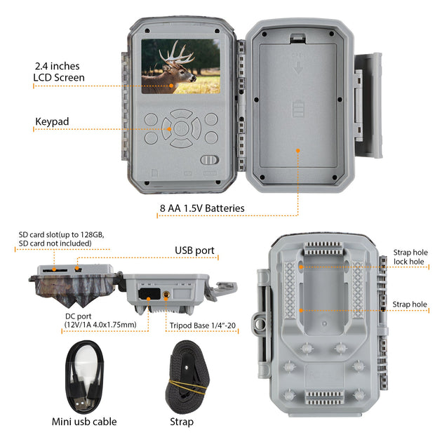 Wildkamera 32MP Foto 4K 2160P Full HD Video mit Audio und Bewegungsmelder Nachtsicht max. Entfernung bis zu 100ft, 0,1s Auslösegeschwindigkeit, Wasserdicht IP66 | T326 Grau
