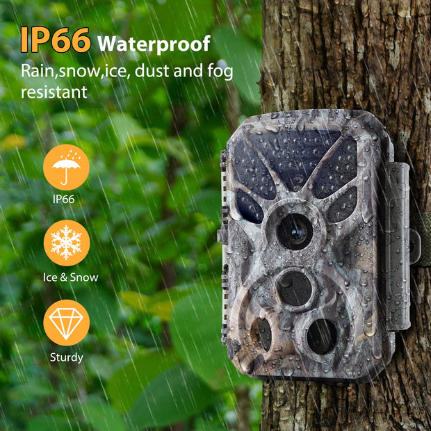 Wildkamera 32MP Foto 4K 2160P Full HD Video mit Audio und Bewegungsmelder Nachtsicht max. Entfernung bis zu 100ft, 0,1s Auslösegeschwindigkeit, Wasserdicht IP66 | T326 Grau