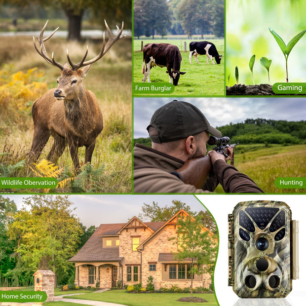 Wildkamera 32MP Foto 4K 2160P Full HD Video mit Audio und Bewegungsmelder Nachtsicht max. Entfernung bis zu 100ft, 0,1s Auslösegeschwindigkeit, Wasserdicht IP66 | T326 Grün