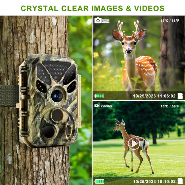 2-tlg. Wildkamera 32MP Foto 4K 2160P Full HD Video mit Audio und Bewegungsmelder Nachtsicht max. Entfernung bis zu 100ft, 0,1s Auslösegeschwindigkeit, Wasserdicht IP66 | T326 Grün