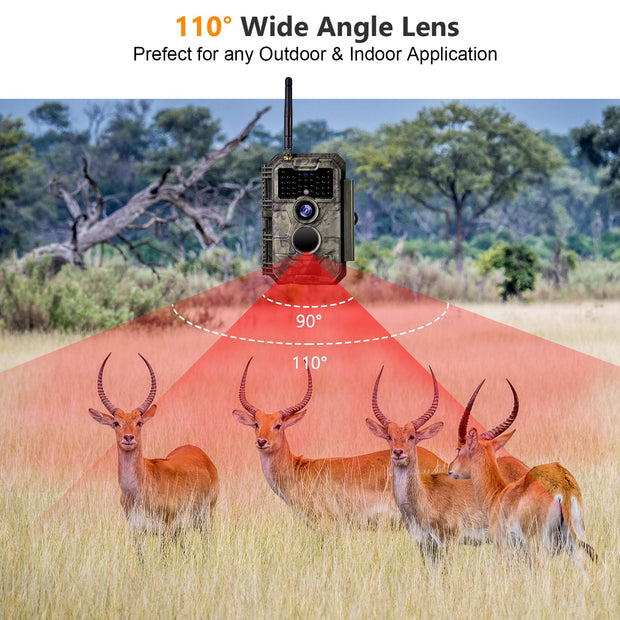 Wildkamera Wlan Fotofalle Jagdkamera Wildtierkamera 32MP 1296P 0,1s Schnelle Trigger Geschwindigkeit Nachtsicht Bewegungsmelder 110°PIR IP66 Wasserdichter | W600 Braun