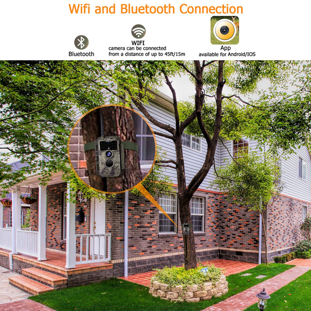 Wildkamera Wlan Fotofalle Jagdkamera Wildtierkamera 32MP 1296P 0,1s Schnelle Trigger Geschwindigkeit Nachtsicht Bewegungsmelder 110°PIR IP66 Wasserdichter | W600 Braun