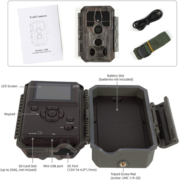 Wildkamera 48MP 1296p mit Audio und Bewegungsmelder Nachtsicht Max. Entfernung bis 100 Füße, 0,1s Trigger Geschwindigkeit , IP66 Wasserdichter| A280